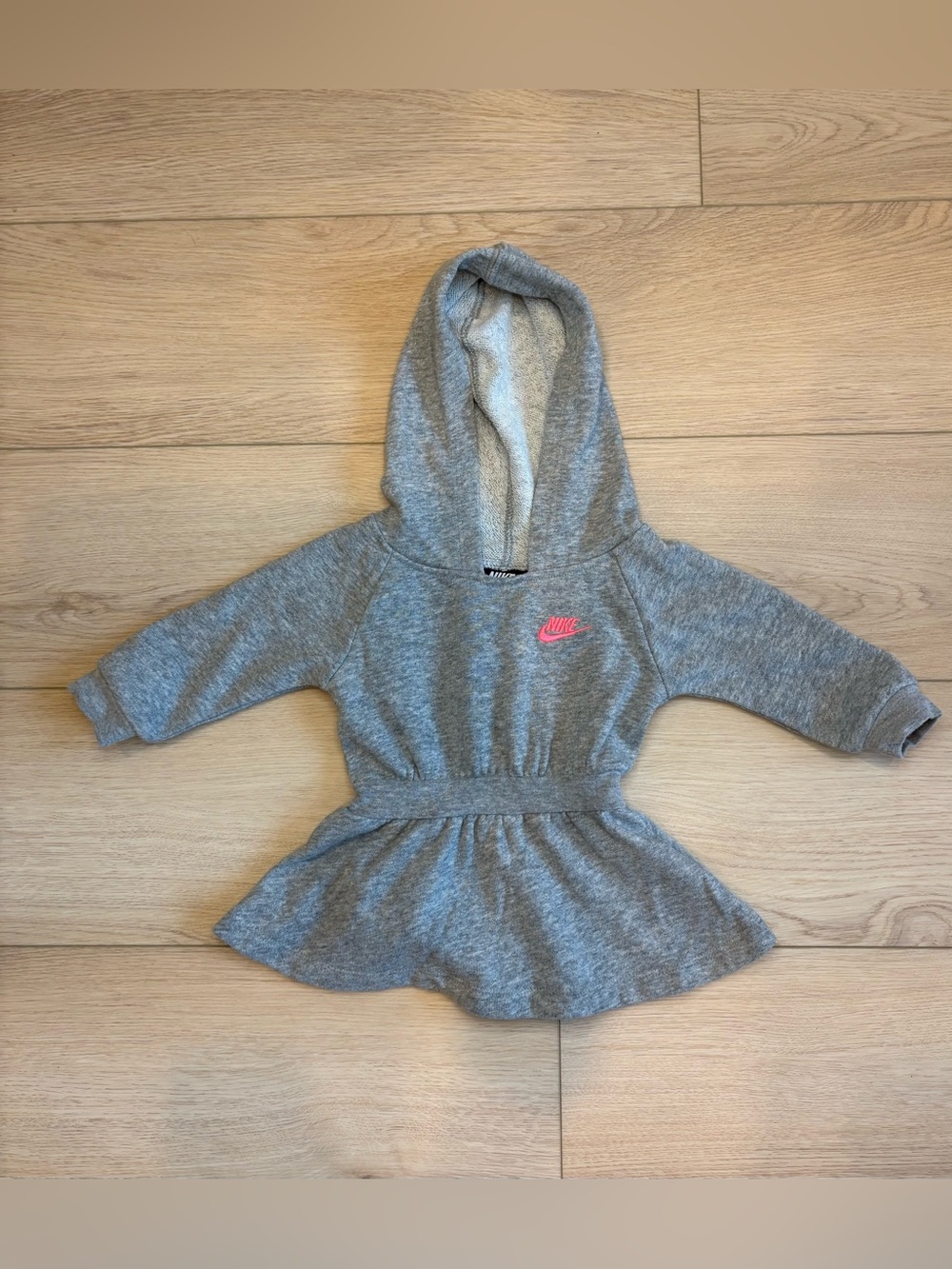 Nike Gray Hooded Peplum Sweatshirt Dress with Pink Logo - Girls 6M